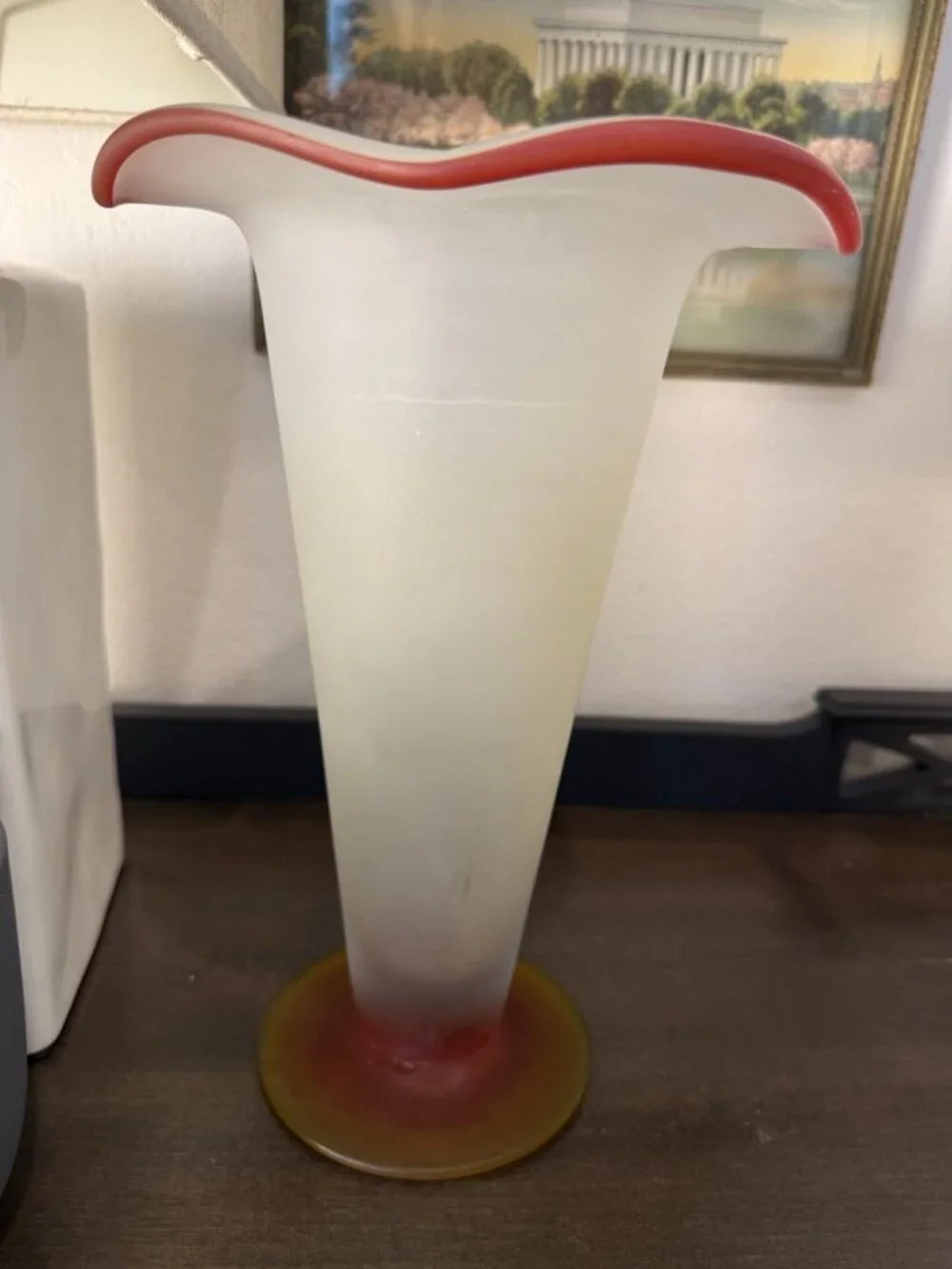 Vintage Mid-Century Art Glass Handkerchief Vase – Frosted White Red Amber – 11”
